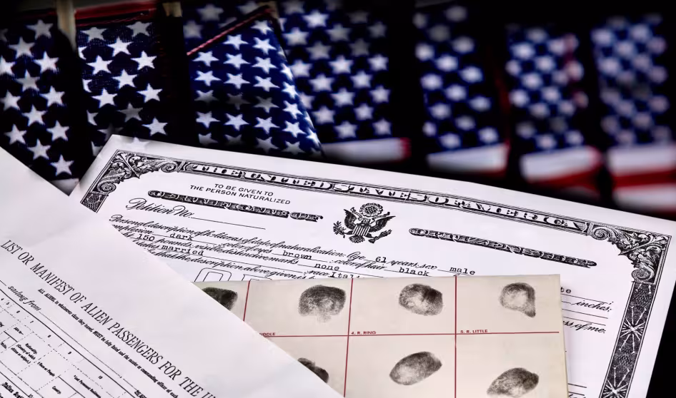 Immigration paperwork and fingerprints in front of a flag of the United States