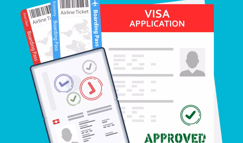 A graphic of a visa application with approval stamp, passport, and plane tickets