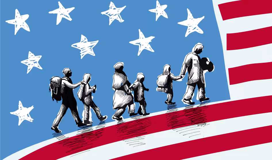 A graphic of people of different ages walking with backpacks against a backdrop of the U.S. flag