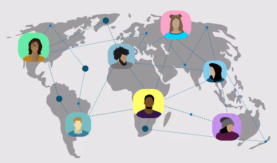 Graphic of a world map with people in bubbles over certain countries
