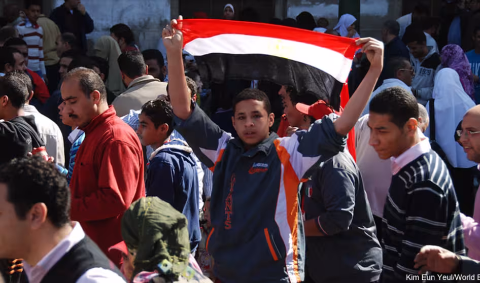 A young Egyptian protester holding an Egyptian flag, Cairo, Egypt