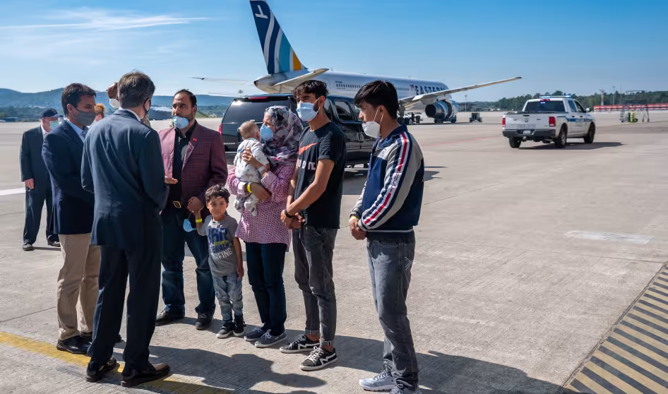 Photo of Secretary of State Antony J. Blinken meeting with Afghan evacuees in Germany