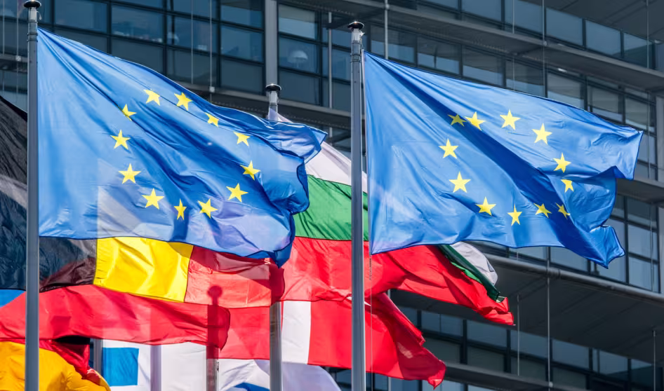 Image of EU and Member State flags flapping in wind