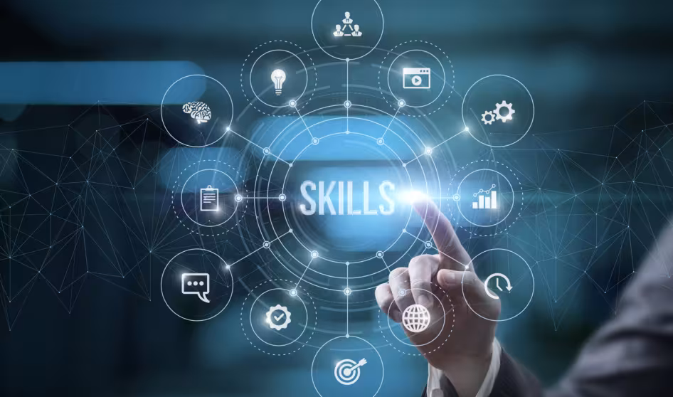 Graphic image of man's hand touching screen with word skills 