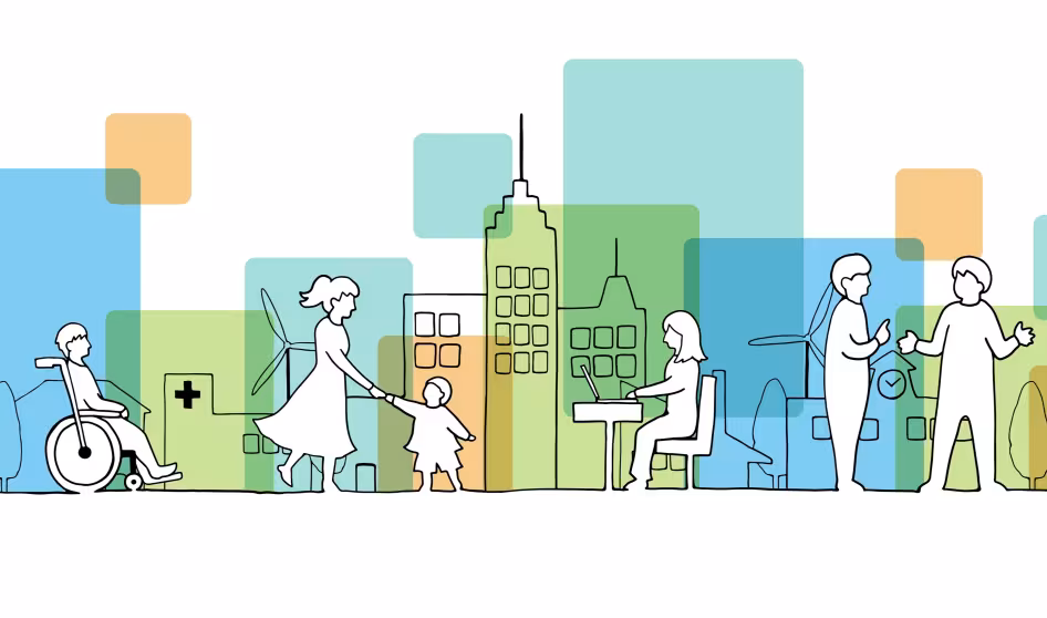 A line drawing of a city landscape with people