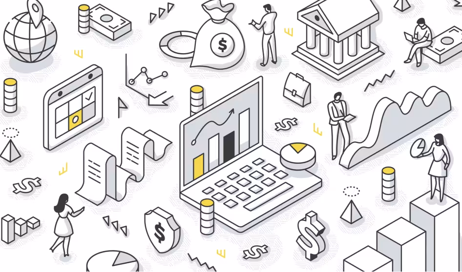Collection of illustrations related to finance, business, and people working together