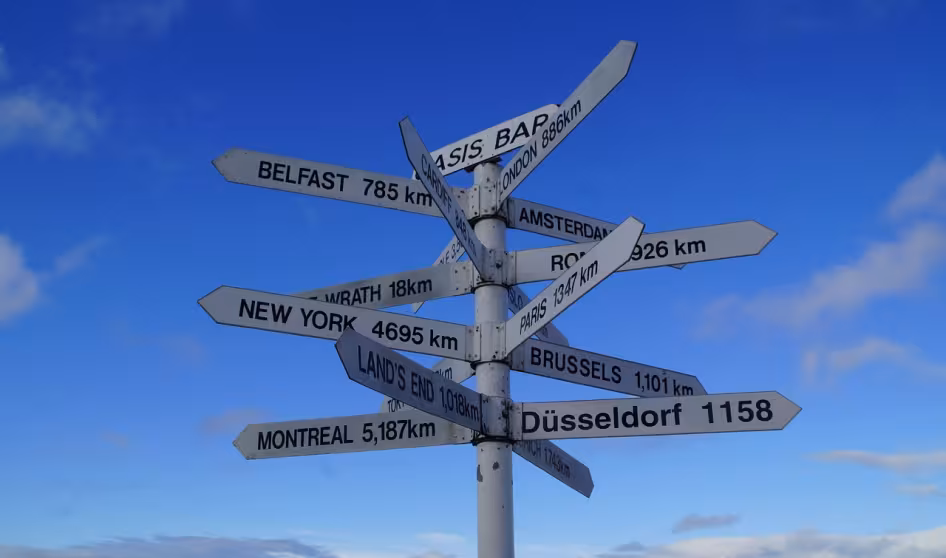Signpost pointing to cities around the world