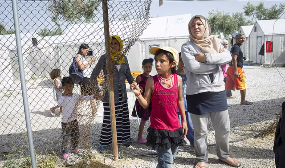 Refugees at a camp in Lesbos, Greece