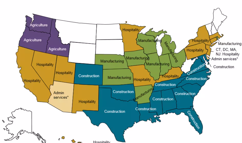 Top industry of employment for unauthorized workers by state