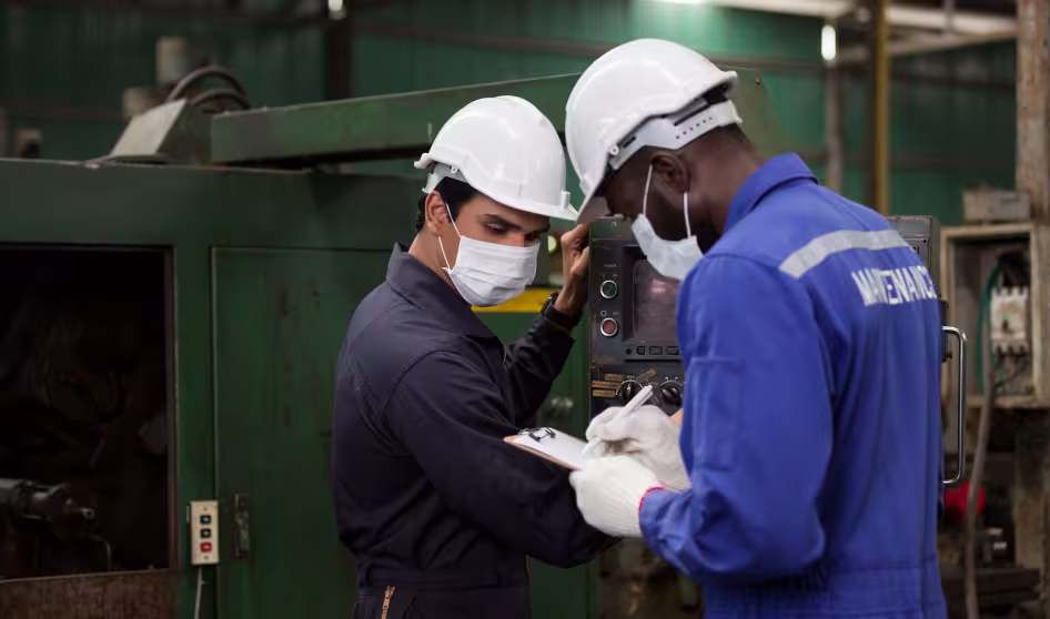 Two engineering workers wearing face masks at factory
