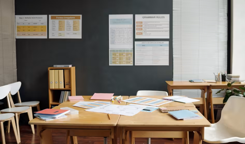 An empty classroom with English language learning posters