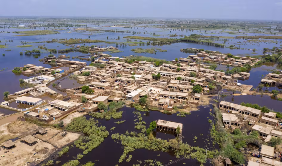 Aerial view of a flooded residential area in Pakistan