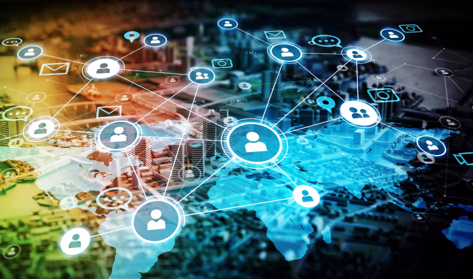 A colorful network of people icons interconnected over a world map