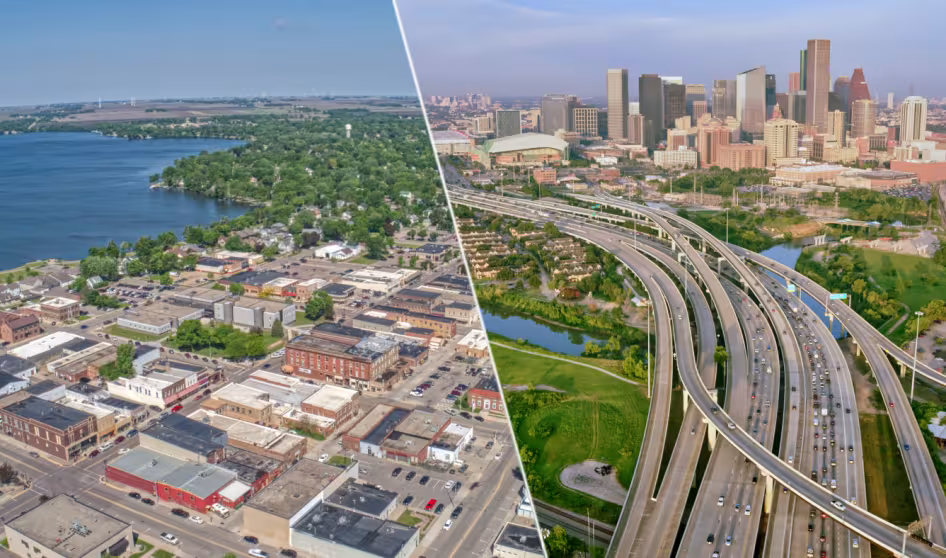 Aerial views of Worthington, MN, and Houston, TX