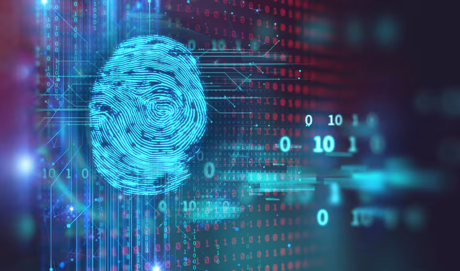 A blue fingerprint against a dark background with computer code
