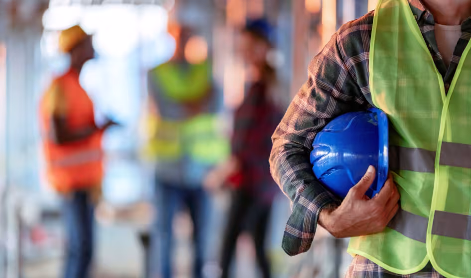 Construction worker holding a blue hard hat.