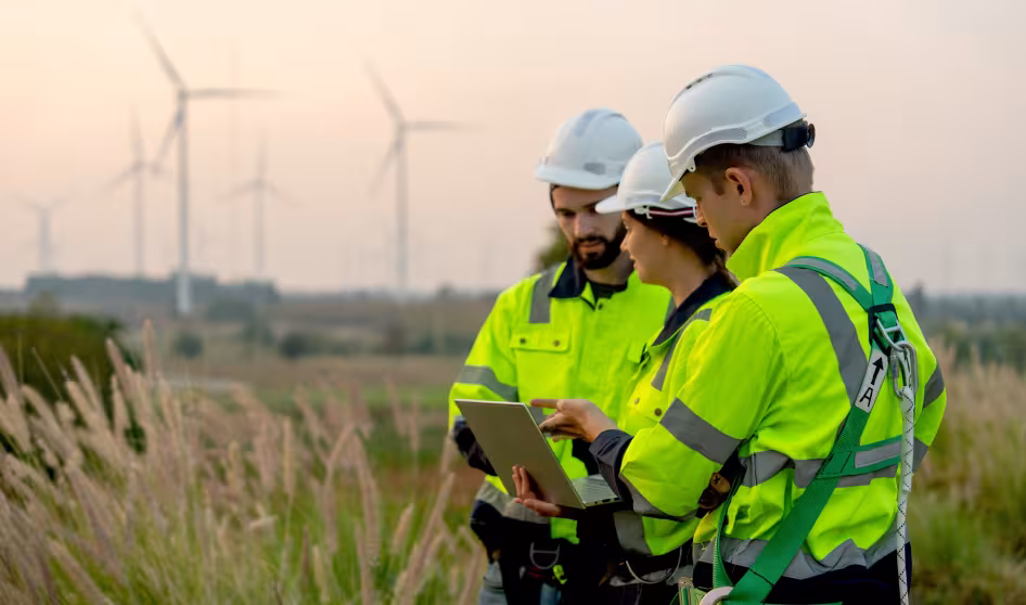 Three technicians stand in a field in front of wind turbines.
