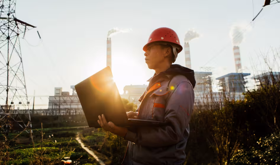 Engineer holding a laptop outside a power plant