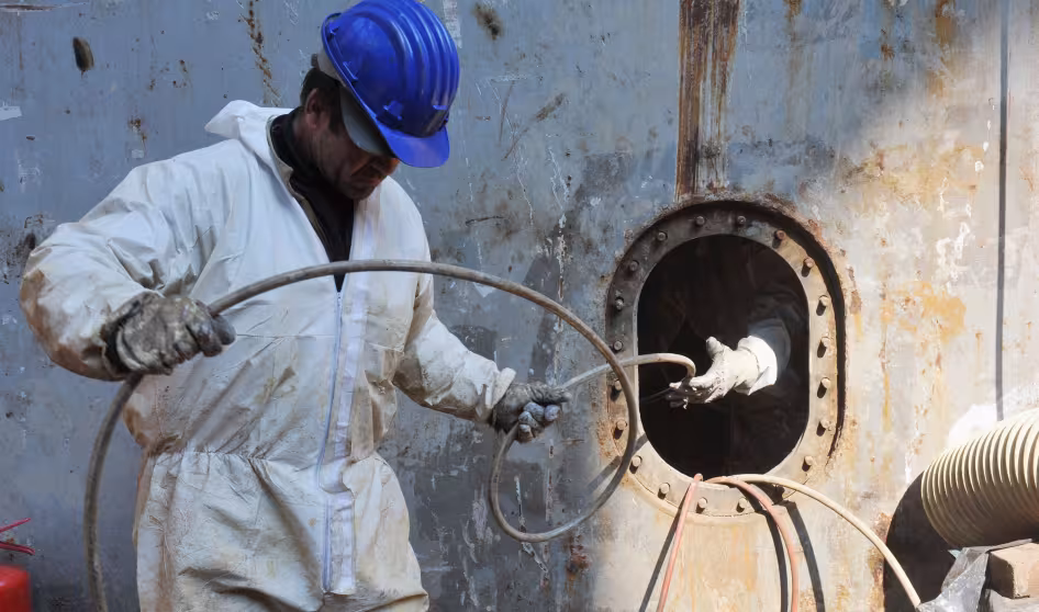 A worker in a hard hat on a ship