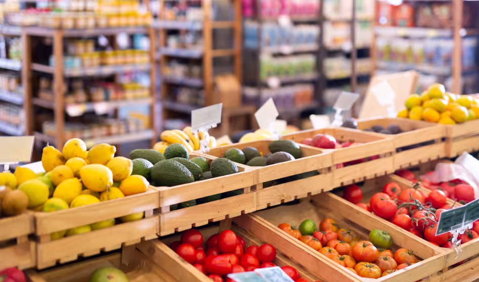 Fresh vegetables and fruits in a supermarket