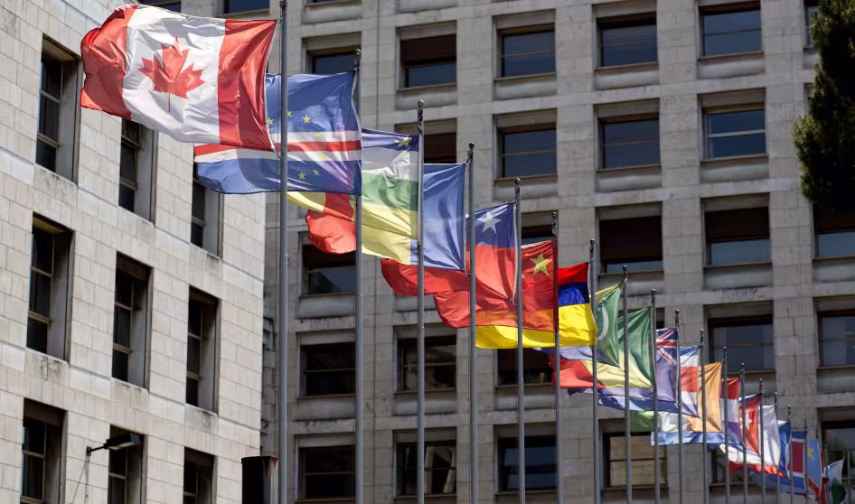 At least 20 flags of different countries fly in the wind outside of two large buildings