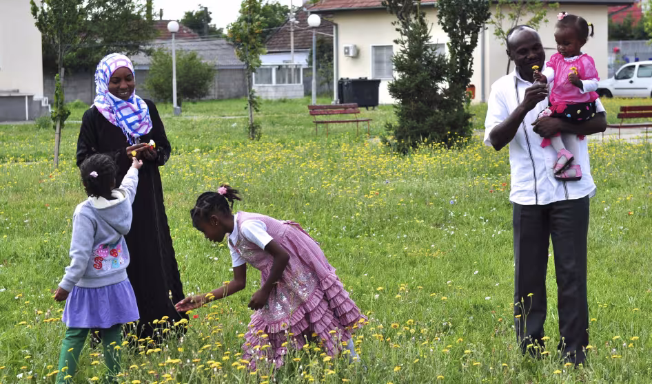 A family of refugees from Sudan in their way to being resettled in the Netherlands