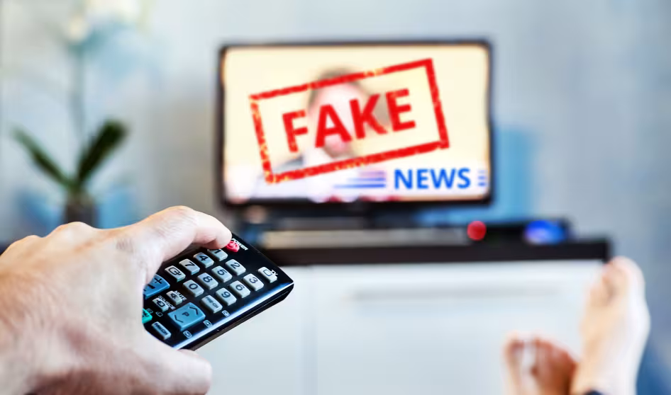 A television with the words "Fake News."