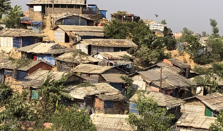Ramshackle dwellings dot a hillside in the Kutupalong refugee camp, outside Cox's Bazar, Bangladesh.