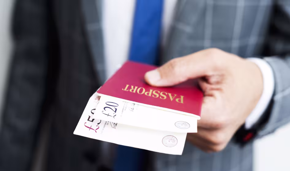 A man presents cash inside a passport