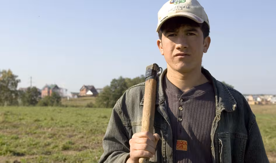 A migrant from Tajikistan outside Moscow.