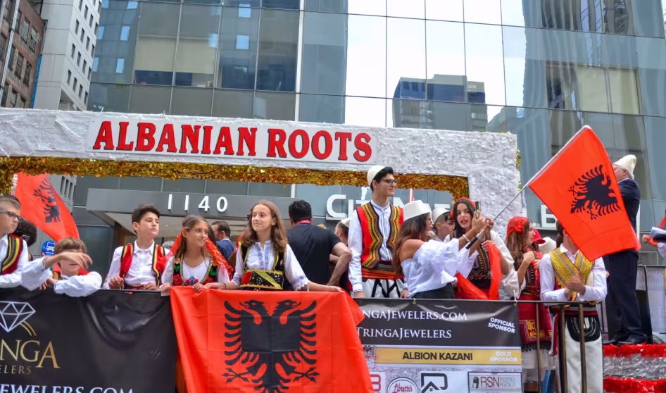 People of Albanian heritage at a parade in New York City. 