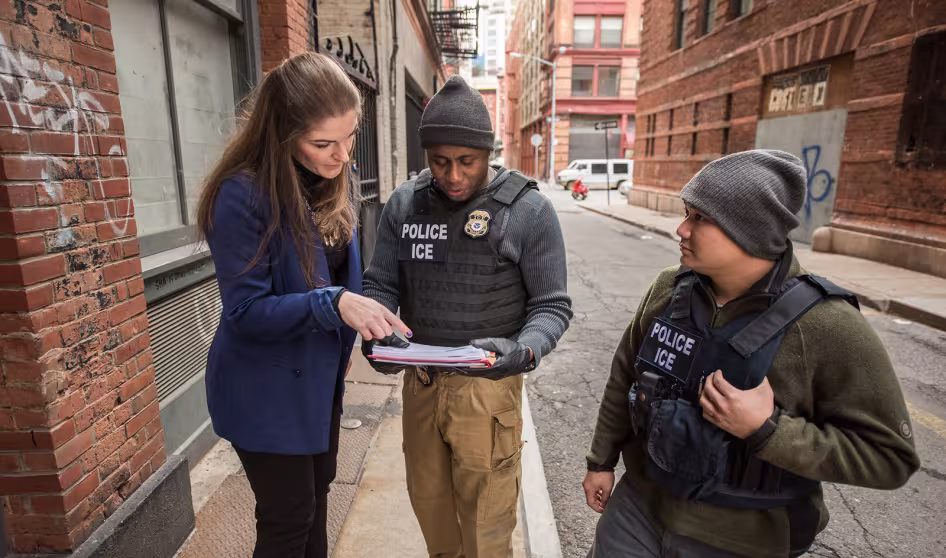 U.S. Immigration and Customs Enforcement officers consult in New York City. 