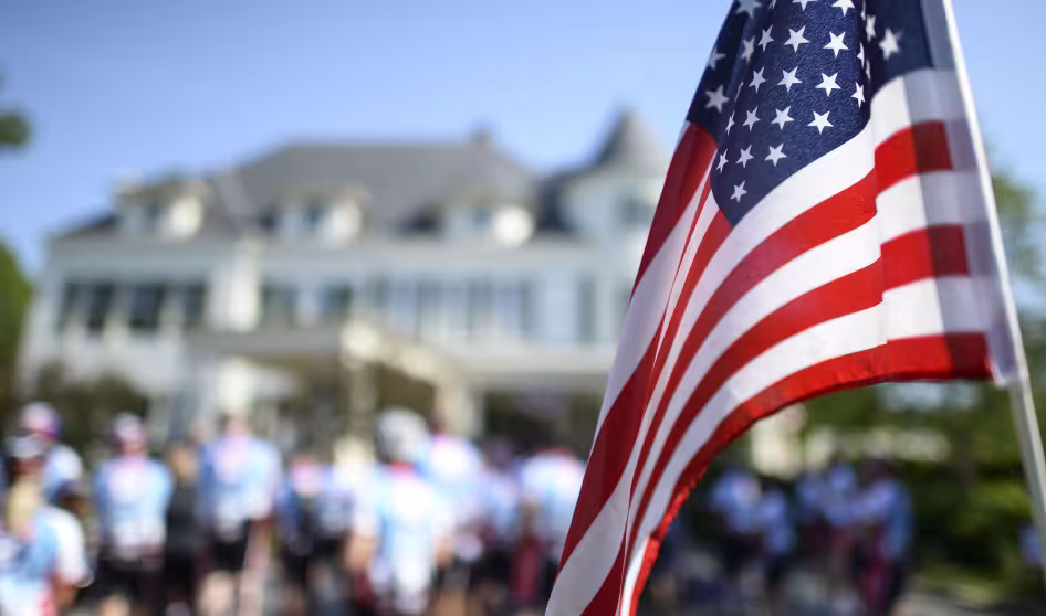 A flag hangs at the vice president's residence at the U.S. Naval Observatory in Washington, DC.