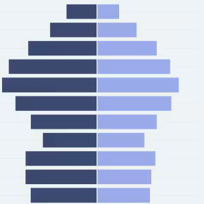Two age-sex pyramids in light and dark blue