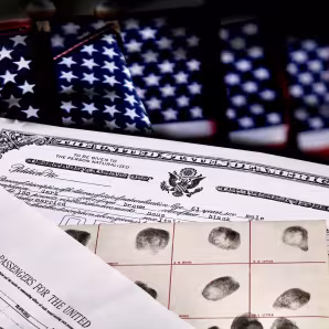 Immigration paperwork and fingerprints in front of a flag of the United States