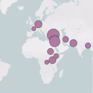 A world map with purple circles on various countries