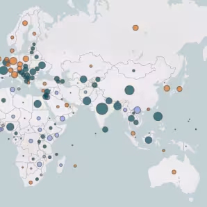 A world map with orange, teal, and blue circles on various countries