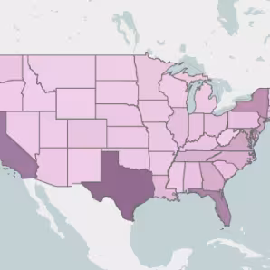A U.S. map with states in different shades of purple