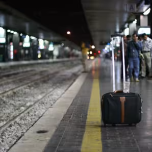 A suitcase stands alone next to a train track