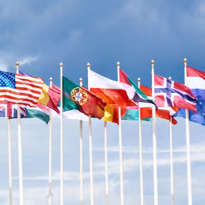 The flags of many different countries flying in the wind.