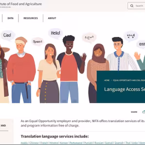 People with language bubbles in different languages on a USDA language access services website screenshot