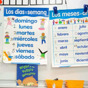 Classroom display with educational language posters