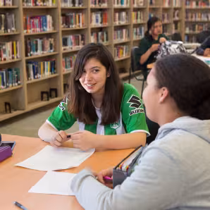High school students working together in the library