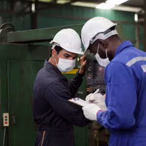 Two engineering workers wearing face masks at factory