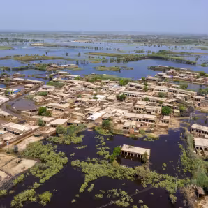 Aerial view of a flooded residential area in Pakistan