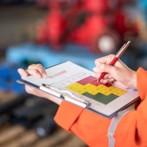 A person holding a clipboard and a pen