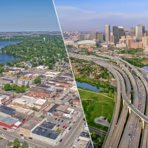 Aerial views of Worthington, MN, and Houston, TX