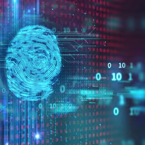 A blue fingerprint against a dark background with computer code