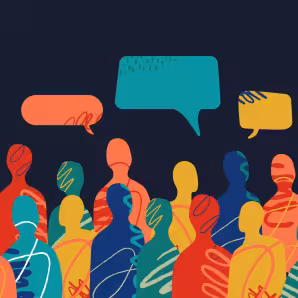 Abstract multicolored silhouettes of people and conversational bubbles
