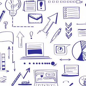 Doodle drawings of elements of organisational design and strategy